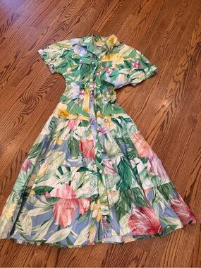Vintage 80s or 90s Tropical Botanical Button-Front Midi Dress